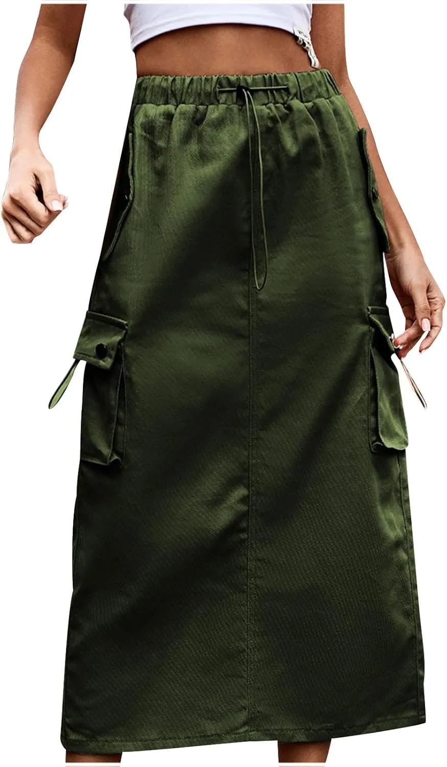 Women Y2k Drawstring Cargo Denim Skirt High Waist Ruched Parachute Maxi Long Skirts Vintage Jean Skirt with Pockets
