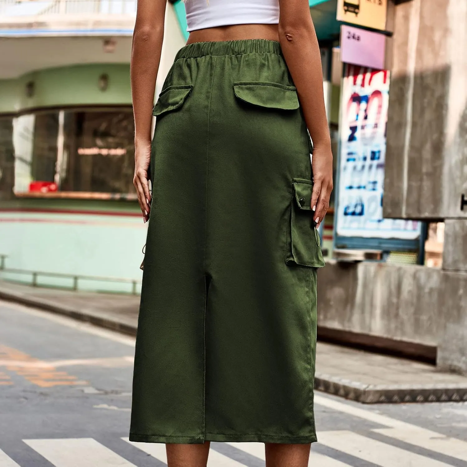 Women Y2k Drawstring Cargo Denim Skirt High Waist Ruched Parachute Maxi Long Skirts Vintage Jean Skirt with Pockets