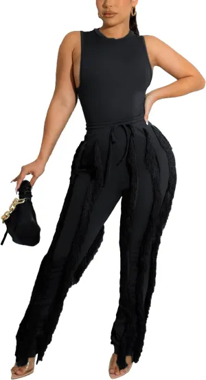 Womens 2 Piece Outfits Sleeveless Tank Top Long Fringe Tassel Pants Jumpsuit Set Sweatsuit Clubwear