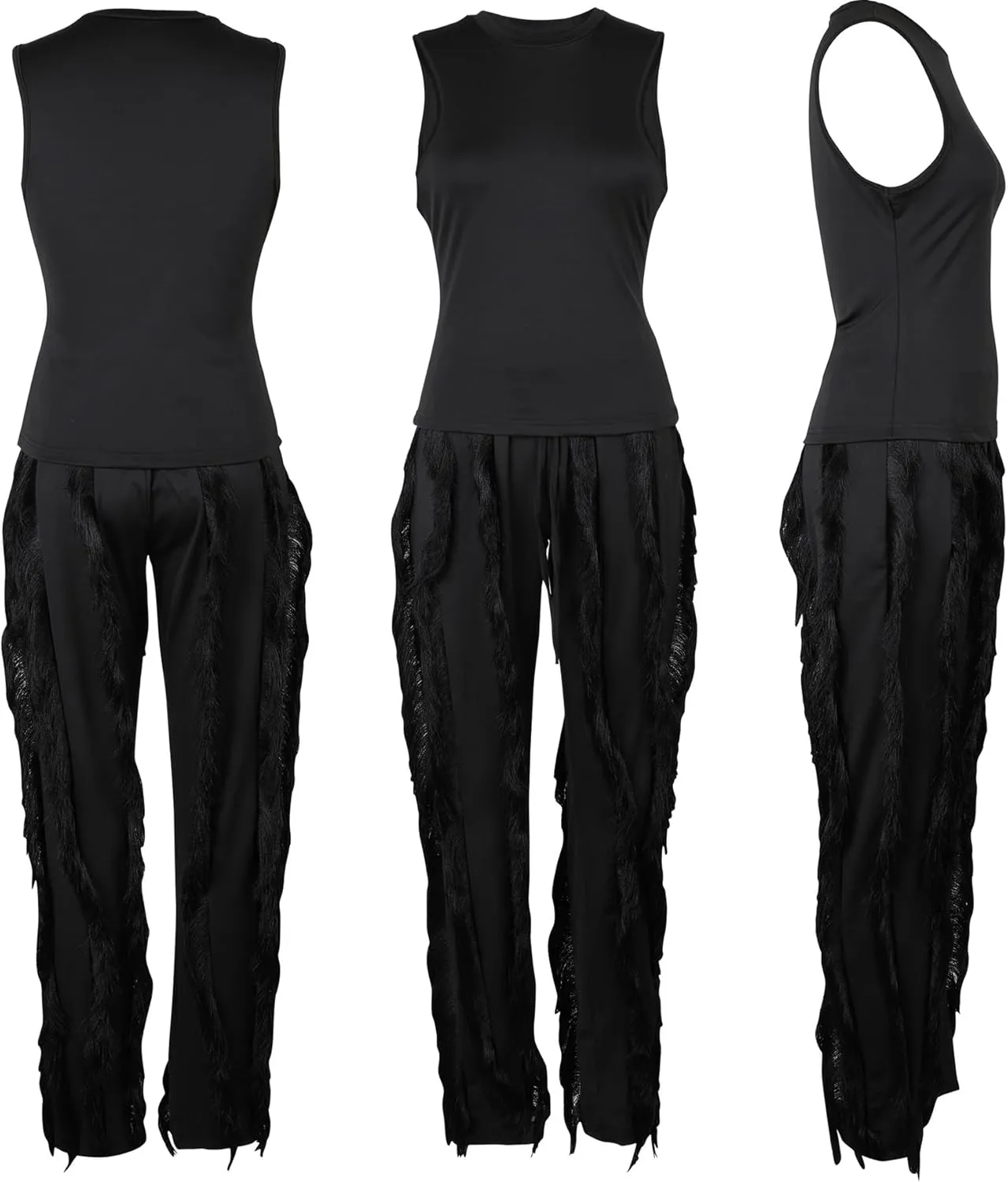 Womens 2 Piece Outfits Sleeveless Tank Top Long Fringe Tassel Pants Jumpsuit Set Sweatsuit Clubwear