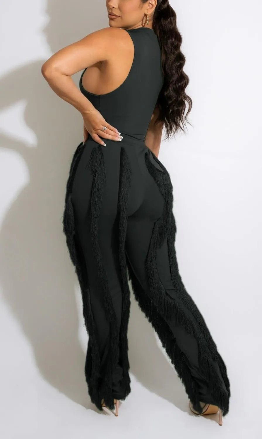 Womens 2 Piece Outfits Sleeveless Tank Top Long Fringe Tassel Pants Jumpsuit Set Sweatsuit Clubwear