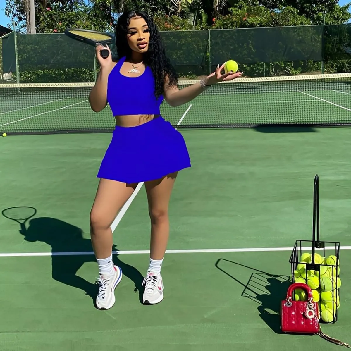Women's 2 Piece Outfits Tennis Skirt Set Athletic Sleeveless Crop Tank Top Mini Pleated Golf Skorts Short Skirts