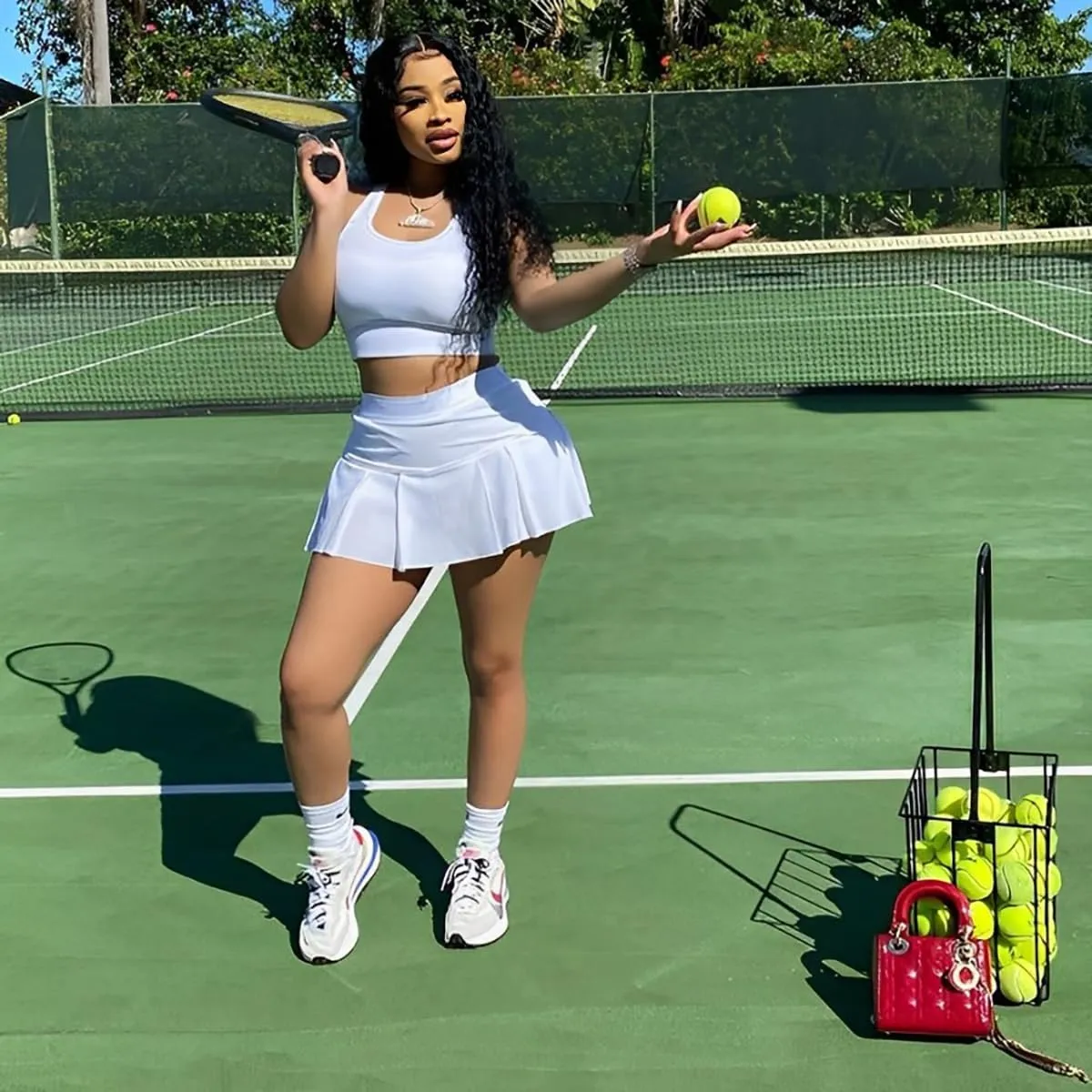 Women's 2 Piece Outfits Tennis Skirt Set Athletic Sleeveless Crop Tank Top Mini Pleated Golf Skorts Short Skirts