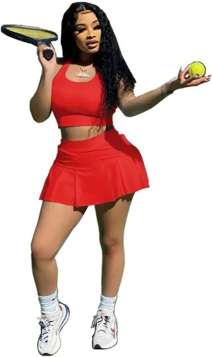 Women's 2 Piece Outfits Tennis Skirt Set Athletic Sleeveless Crop Tank Top Mini Pleated Golf Skorts Short Skirts