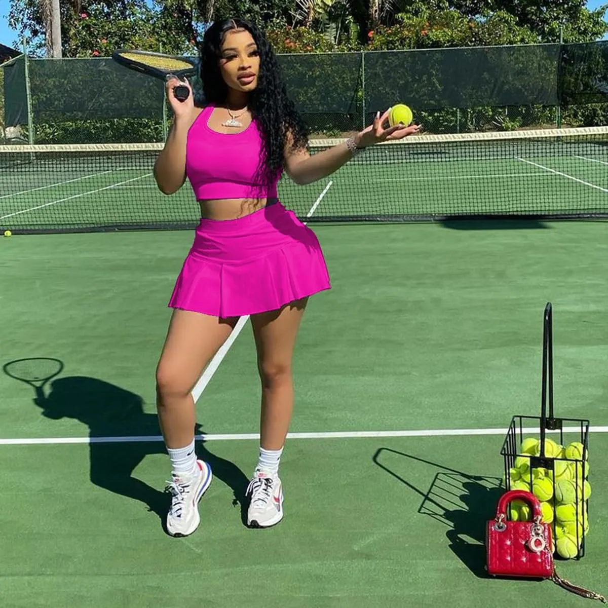 Women's 2 Piece Outfits Tennis Skirt Set Athletic Sleeveless Crop Tank Top Mini Pleated Golf Skorts Short Skirts
