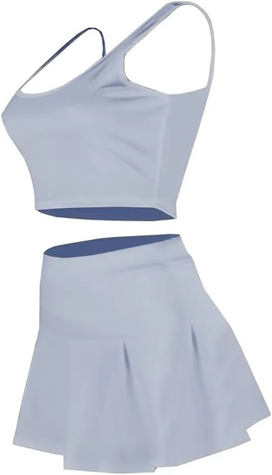 Women's 2 Piece Outfits Tennis Skirt Set Athletic Sleeveless Crop Tank Top Mini Pleated Golf Skorts Short Skirts