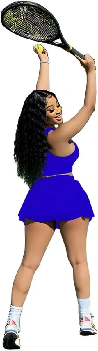 Women's 2 Piece Outfits Tennis Skirt Set Athletic Sleeveless Crop Tank Top Mini Pleated Golf Skorts Short Skirts