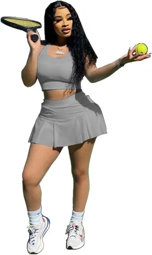 Women's 2 Piece Outfits Tennis Skirt Set Athletic Sleeveless Crop Tank Top Mini Pleated Golf Skorts Short Skirts