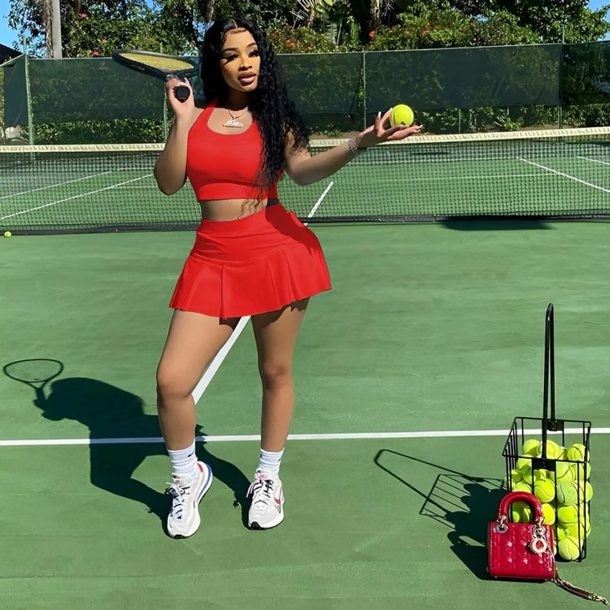 Women's 2 Piece Outfits Tennis Skirt Set Athletic Sleeveless Crop Tank Top Mini Pleated Golf Skorts Short Skirts