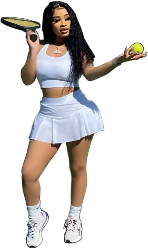 Women's 2 Piece Outfits Tennis Skirt Set Athletic Sleeveless Crop Tank Top Mini Pleated Golf Skorts Short Skirts