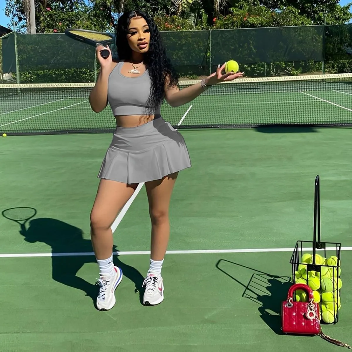 Women's 2 Piece Outfits Tennis Skirt Set Athletic Sleeveless Crop Tank Top Mini Pleated Golf Skorts Short Skirts