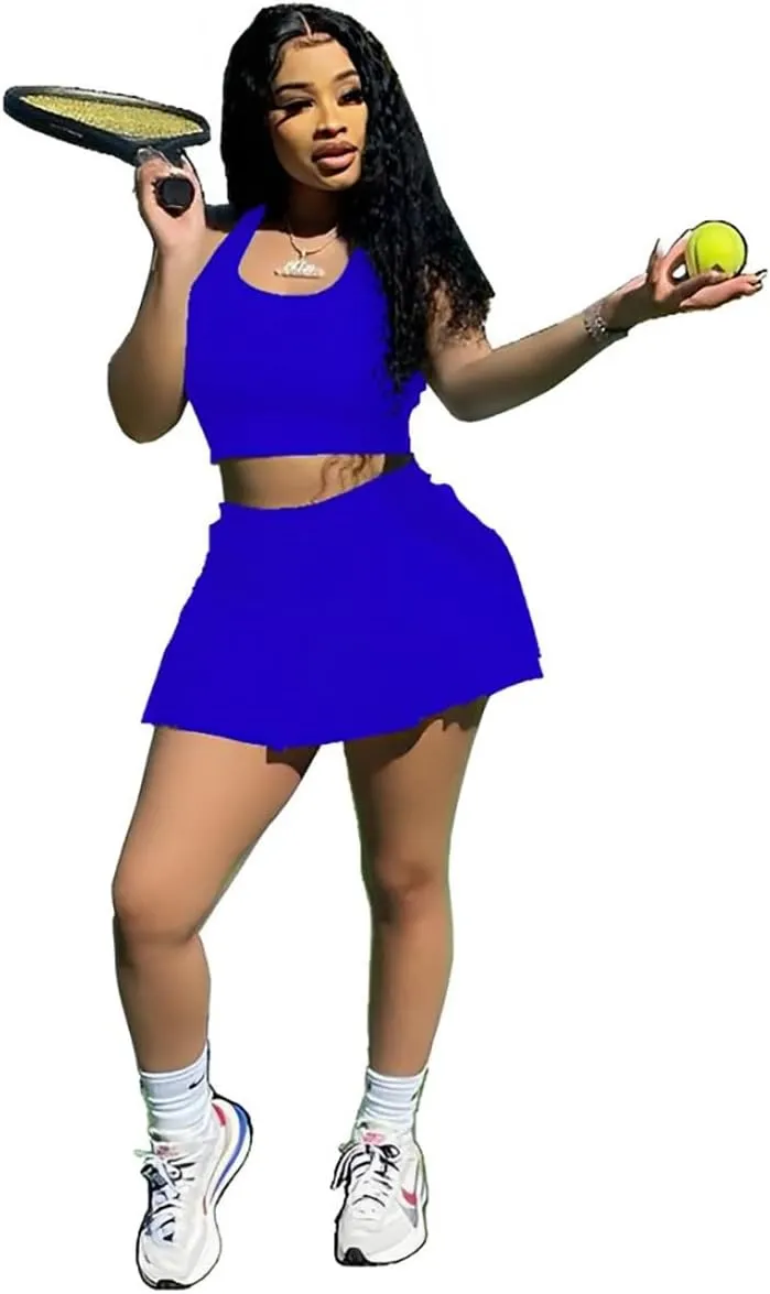 Women's 2 Piece Outfits Tennis Skirt Set Athletic Sleeveless Crop Tank Top Mini Pleated Golf Skorts Short Skirts