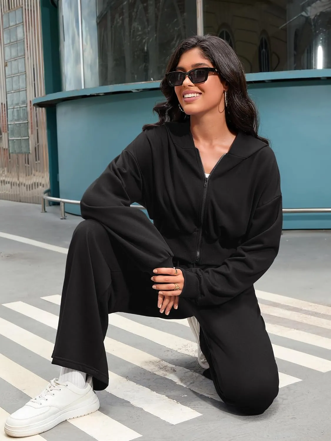 Women's 2 Piece Outfits Tracksuits Casual Cropped Hoodie Wide Leg Pants Travel Workout Lounge Sets