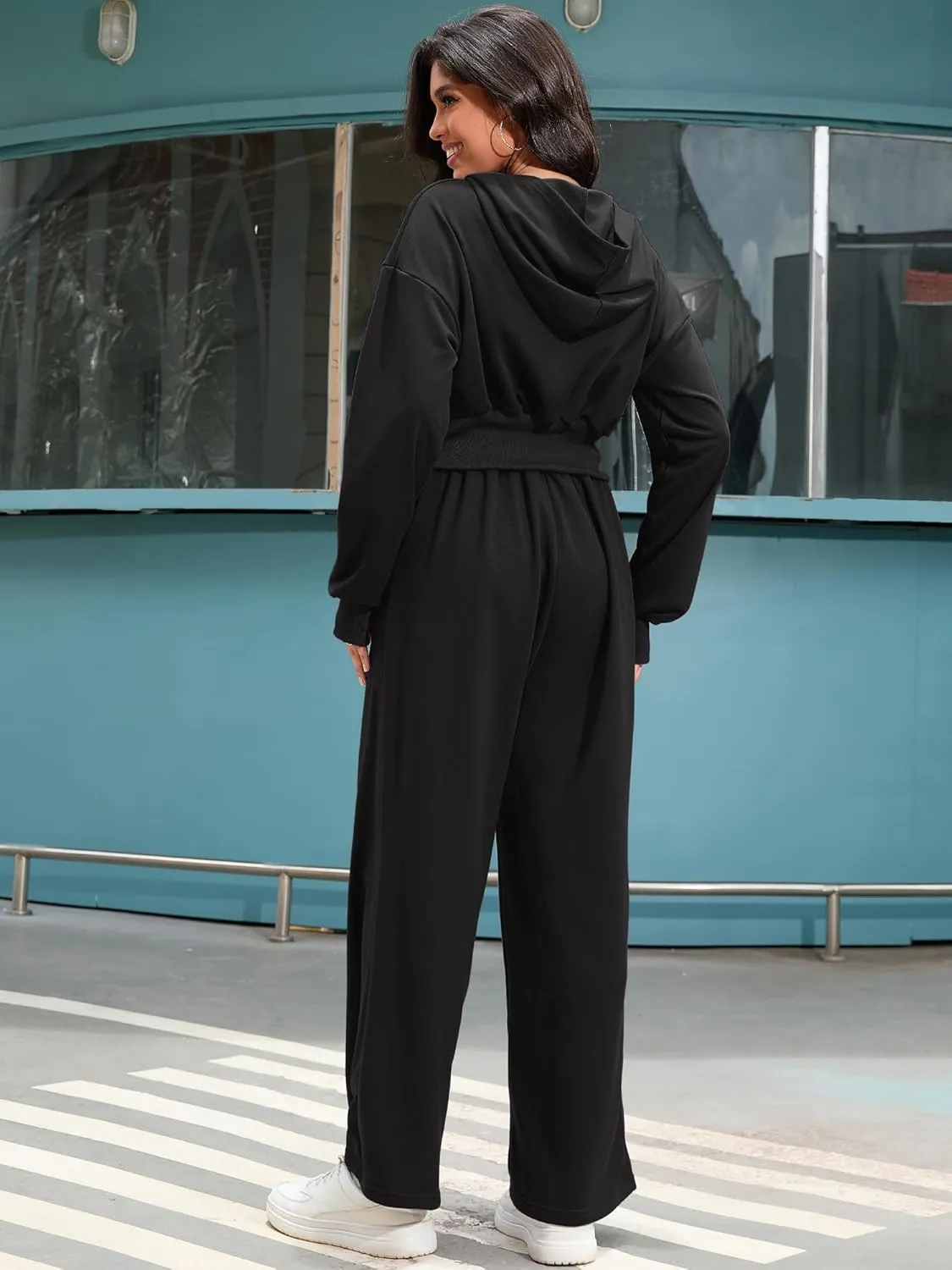 Women's 2 Piece Outfits Tracksuits Casual Cropped Hoodie Wide Leg Pants Travel Workout Lounge Sets