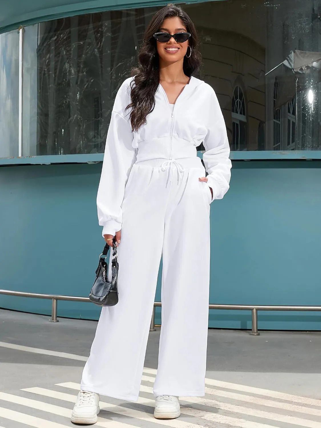 Women's 2 Piece Outfits Tracksuits Casual Cropped Hoodie Wide Leg Pants Travel Workout Lounge Sets