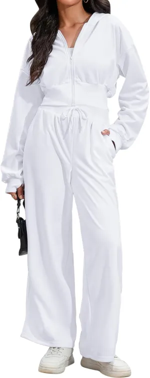 Women's 2 Piece Outfits Tracksuits Casual Cropped Hoodie Wide Leg Pants Travel Workout Lounge Sets