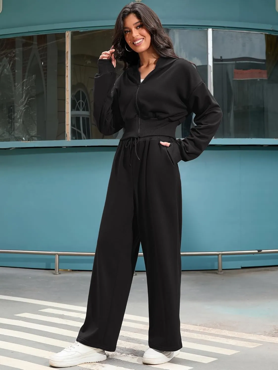 Women's 2 Piece Outfits Tracksuits Casual Cropped Hoodie Wide Leg Pants Travel Workout Lounge Sets