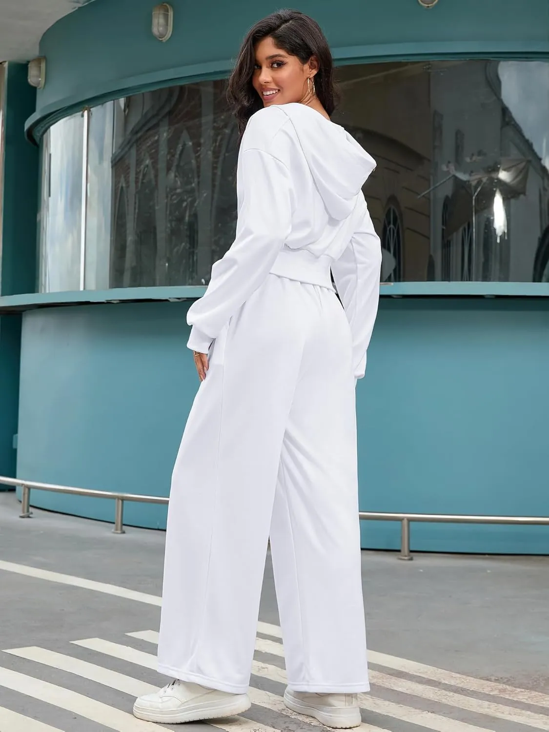Women's 2 Piece Outfits Tracksuits Casual Cropped Hoodie Wide Leg Pants Travel Workout Lounge Sets