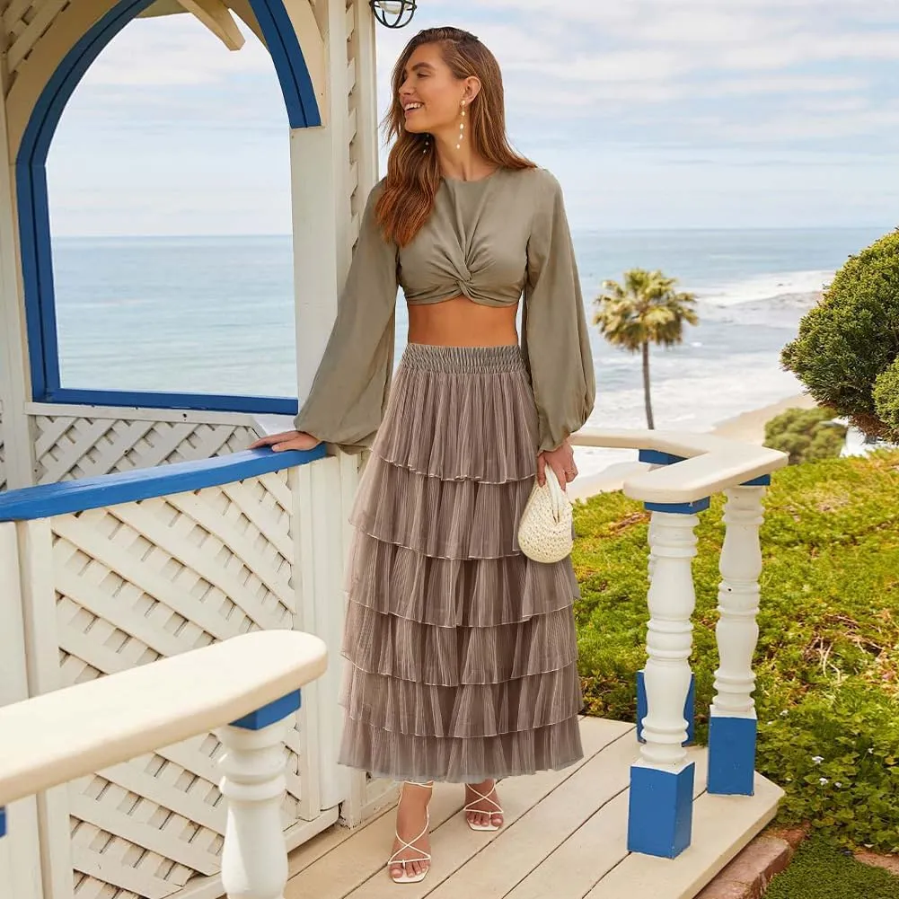 Women's A-Line Fairy Elastic Waist Midi Skirt Women's Chiffon Elastic High Waist Pleated A-Line Flared Maxi Skirts, Apricot