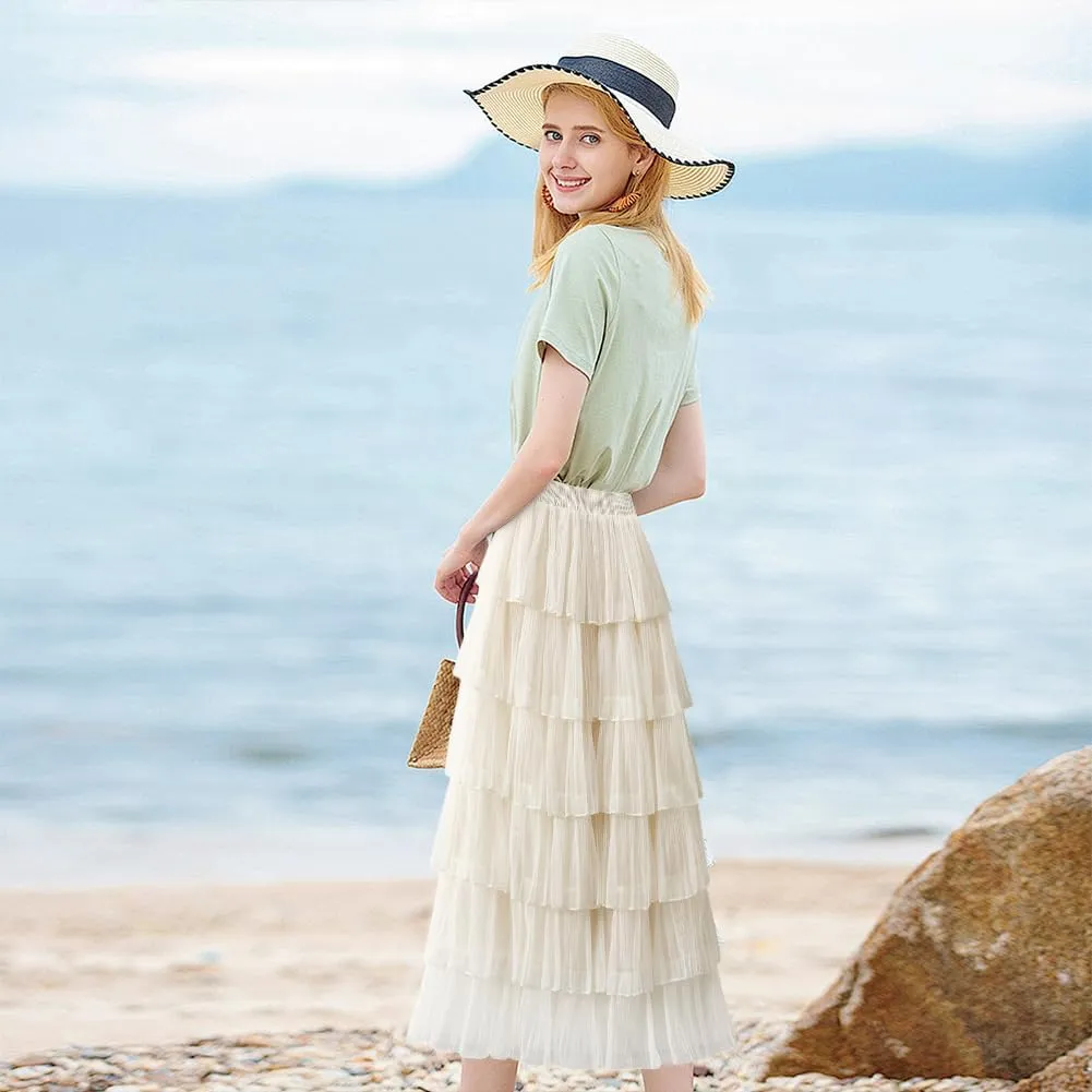 Women's A-Line Fairy Elastic Waist Midi Skirt Women's Chiffon Elastic High Waist Pleated A-Line Flared Maxi Skirts, Apricot