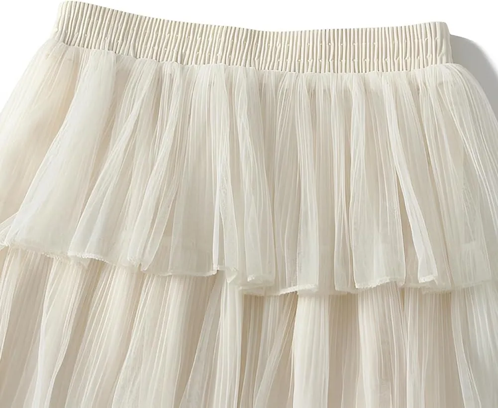 Women's A-Line Fairy Elastic Waist Midi Skirt Women's Chiffon Elastic High Waist Pleated A-Line Flared Maxi Skirts, Apricot