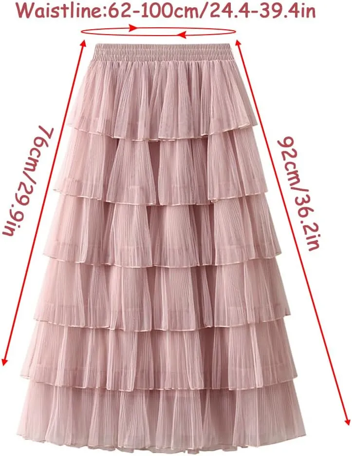 Women's A-Line Fairy Elastic Waist Midi Skirt Women's Chiffon Elastic High Waist Pleated A-Line Flared Maxi Skirts, Apricot