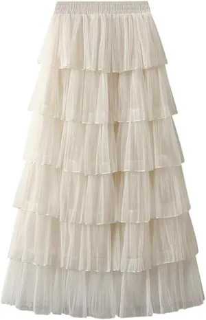 Women's A-Line Fairy Elastic Waist Midi Skirt Women's Chiffon Elastic High Waist Pleated A-Line Flared Maxi Skirts, Apricot