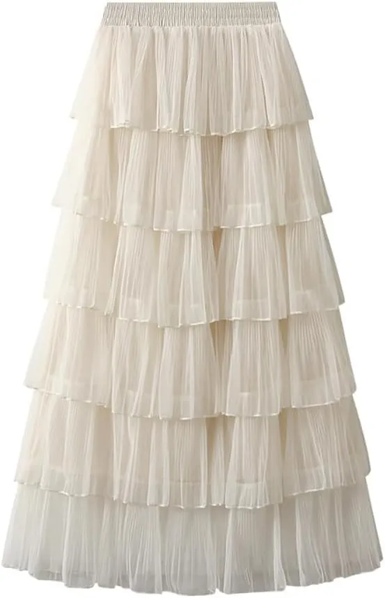 Women's A-Line Fairy Elastic Waist Midi Skirt Women's Chiffon Elastic High Waist Pleated A-Line Flared Maxi Skirts, Apricot