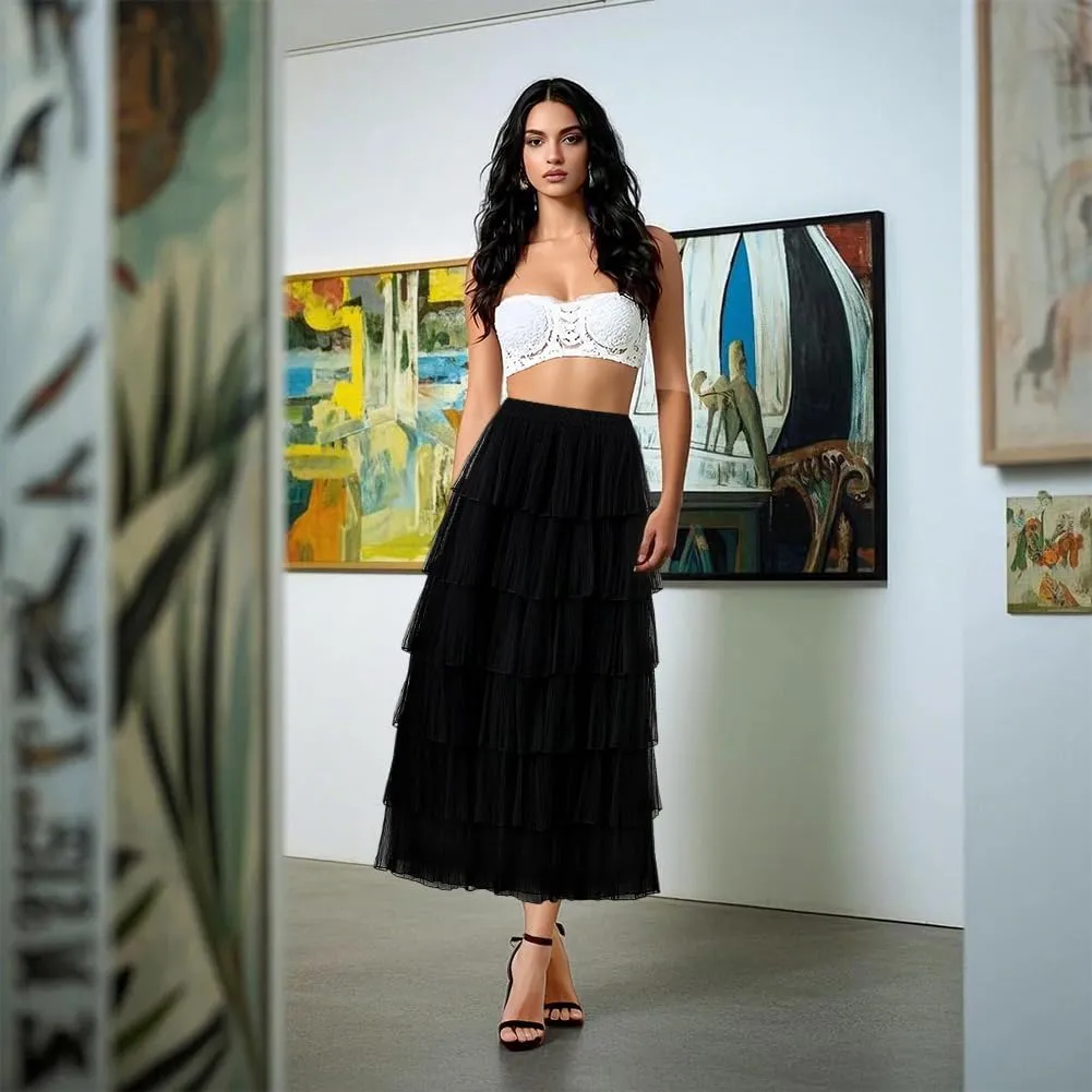 Women's A-Line Fairy Elastic Waist Midi Skirt Women's Chiffon Elastic High Waist Pleated A-Line Flared Maxi Skirts, Apricot