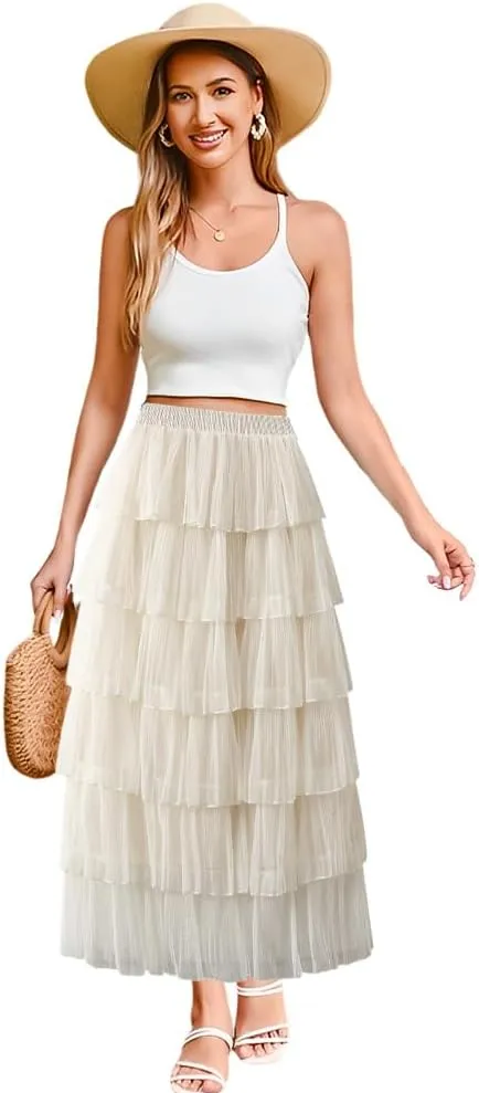 Women's A-Line Fairy Elastic Waist Midi Skirt Women's Chiffon Elastic High Waist Pleated A-Line Flared Maxi Skirts, Apricot