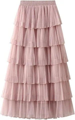 Women's A-Line Fairy Elastic Waist Midi Skirt Women's Chiffon Elastic High Waist Pleated A-Line Flared Maxi Skirts, Pink