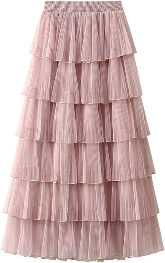 Women's A-Line Fairy Elastic Waist Midi Skirt Women's Chiffon Elastic High Waist Pleated A-Line Flared Maxi Skirts, Pink