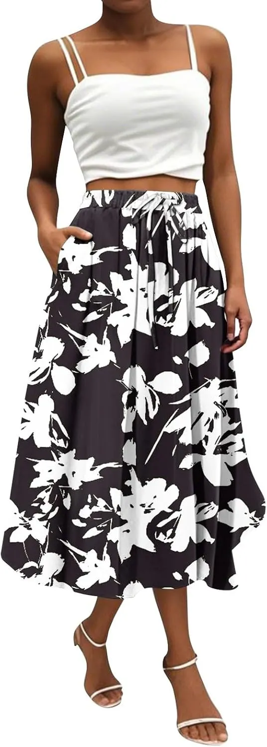 Women's Boho Beach Skirts 2025 Summer Ruffle High Waisted A Line Midi Skirt Flowy Beach Vacation Outfits with Pockets