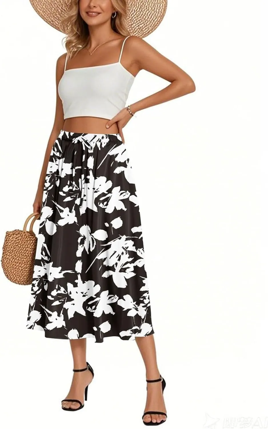 Women's Boho Beach Skirts 2025 Summer Ruffle High Waisted A Line Midi Skirt Flowy Beach Vacation Outfits with Pockets
