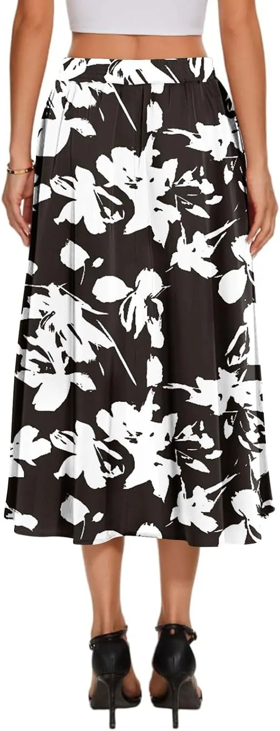 Women's Boho Beach Skirts 2025 Summer Ruffle High Waisted A Line Midi Skirt Flowy Beach Vacation Outfits with Pockets