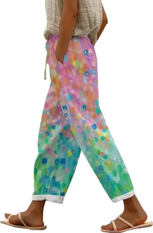 Women's Boho Linen Palazzo Pants Cotton Casual Elastic Waist Loose Fit Comfy Print Work Trousers with Pockets