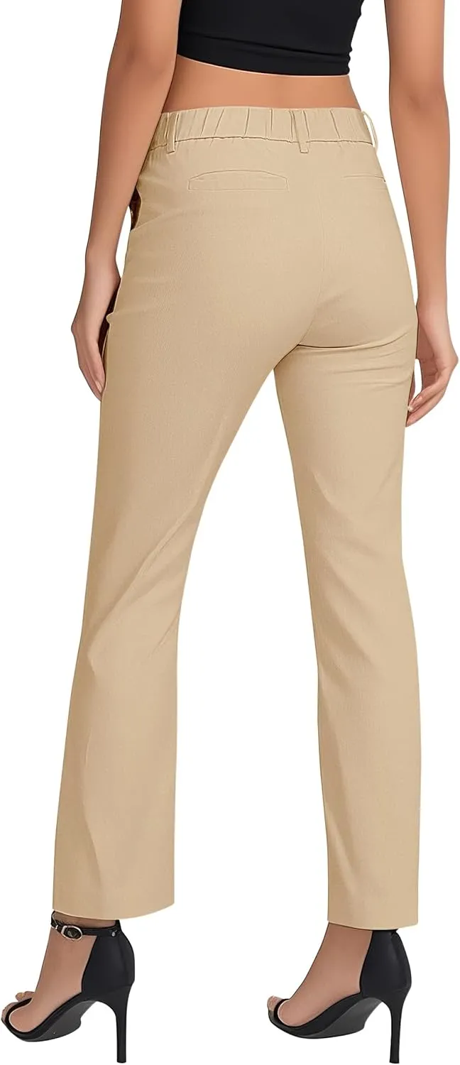 Women's Business Straight Leg Dress Pants Elastic Waist Zipper Closure Work Trousers with Pockets