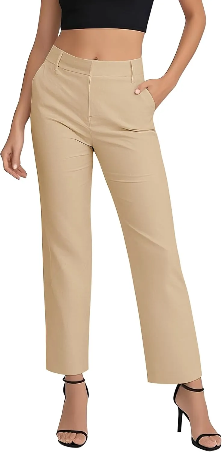 Women's Business Straight Leg Dress Pants Elastic Waist Zipper Closure Work Trousers with Pockets