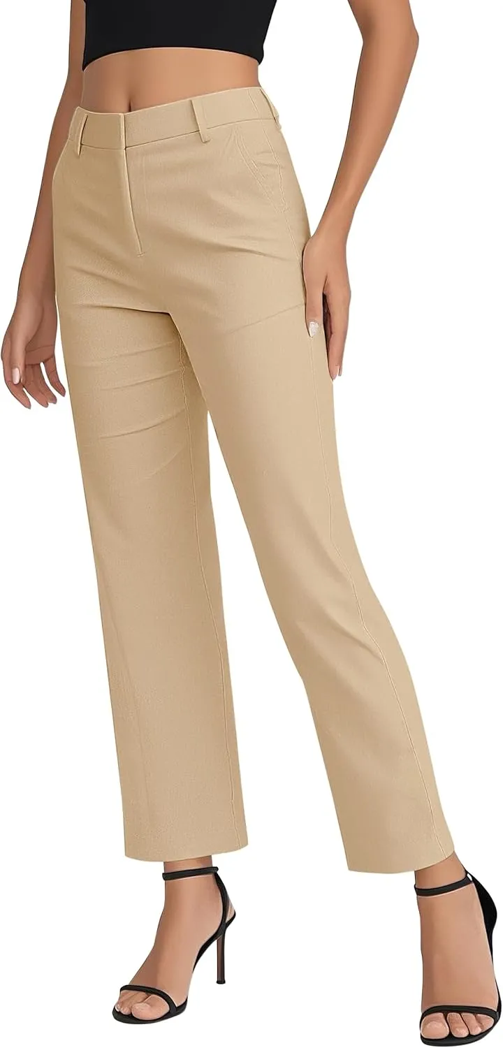 Women's Business Straight Leg Dress Pants Elastic Waist Zipper Closure Work Trousers with Pockets