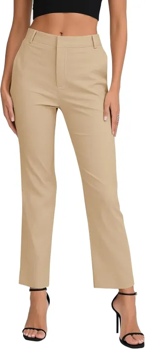 Women's Business Straight Leg Dress Pants Elastic Waist Zipper Closure Work Trousers with Pockets
