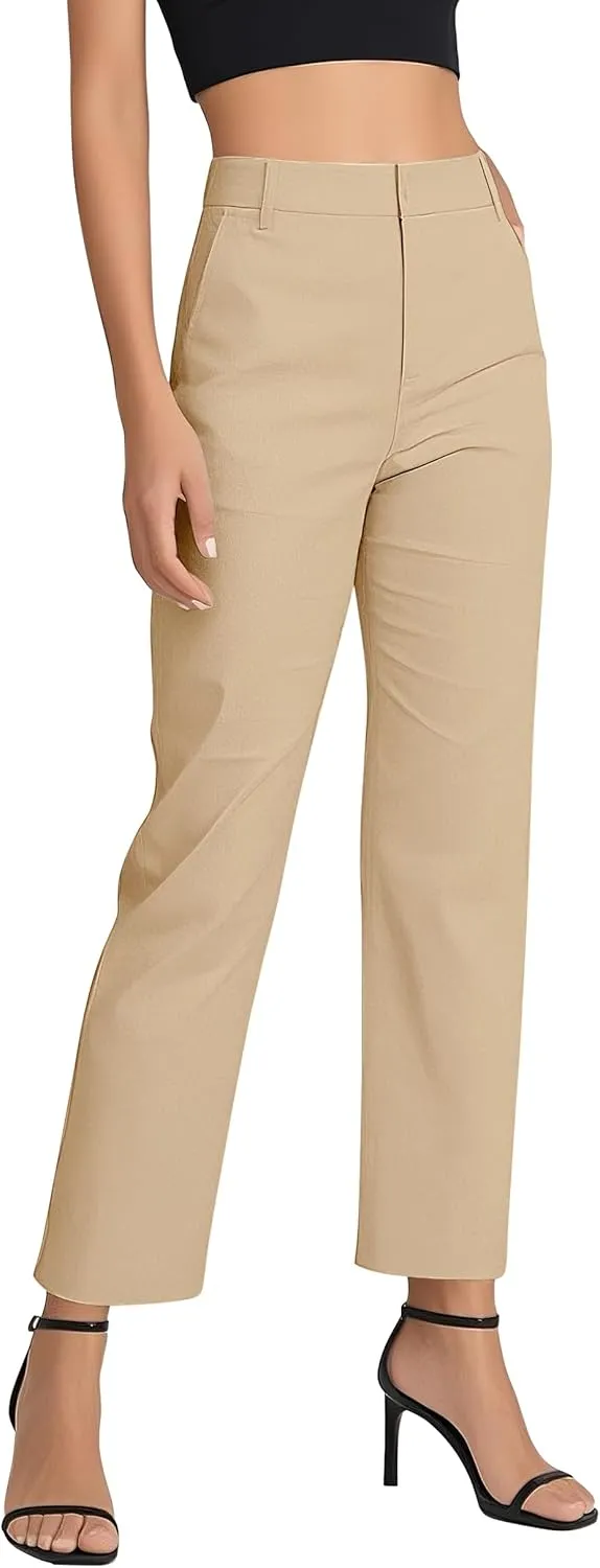 Women's Business Straight Leg Dress Pants Elastic Waist Zipper Closure Work Trousers with Pockets