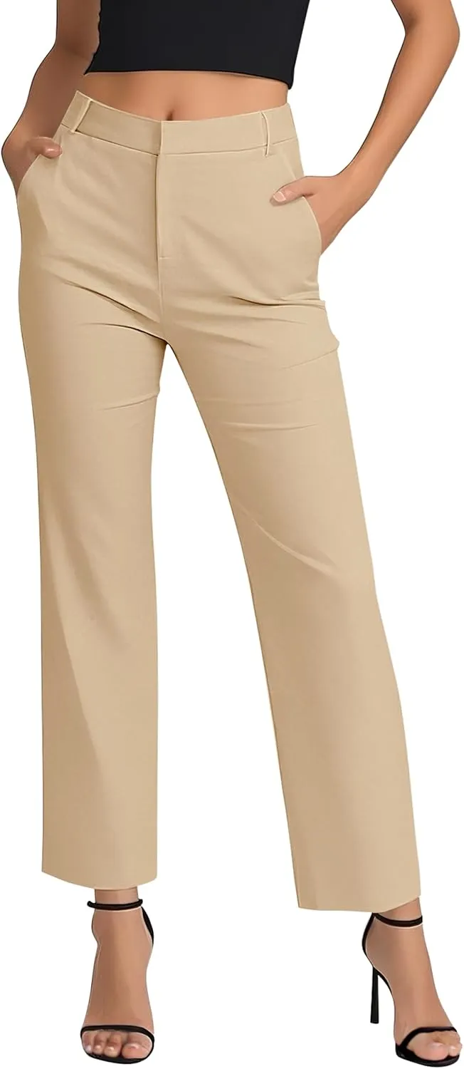 Women's Business Straight Leg Dress Pants Elastic Waist Zipper Closure Work Trousers with Pockets