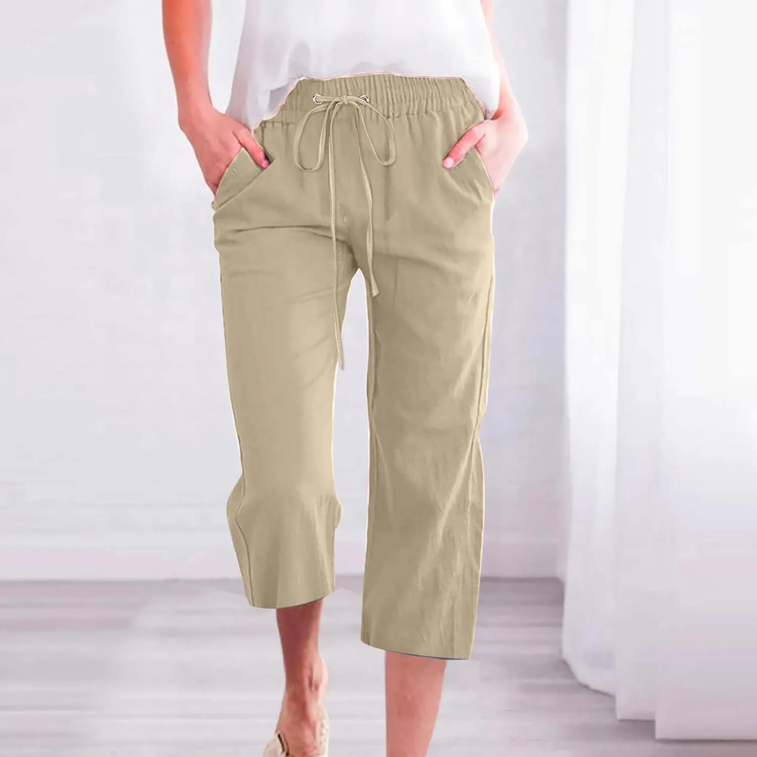 Womens Capri Pants Plus Size Summer Casual Pants High Waist Straight Wide Leg Pants Drawstring Linen Cropped Trouser