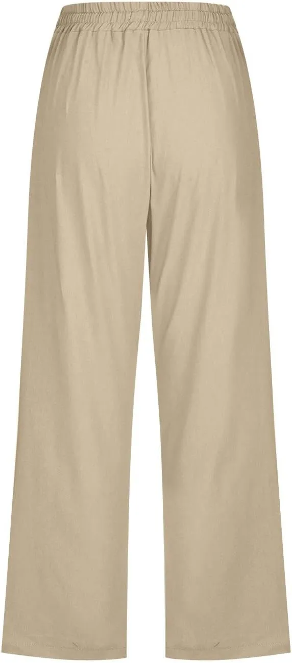 Womens Capri Pants Plus Size Summer Casual Pants High Waist Straight Wide Leg Pants Drawstring Linen Cropped Trouser