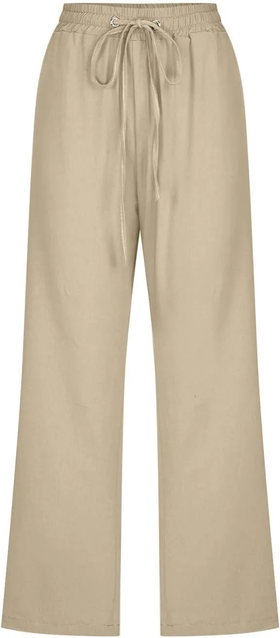 Womens Capri Pants Plus Size Summer Casual Pants High Waist Straight Wide Leg Pants Drawstring Linen Cropped Trouser