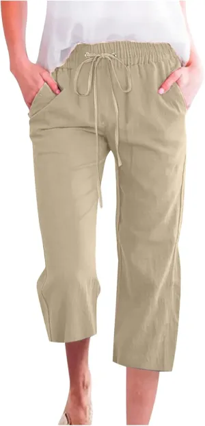 Womens Capri Pants Plus Size Summer Casual Pants High Waist Straight Wide Leg Pants Drawstring Linen Cropped Trouser