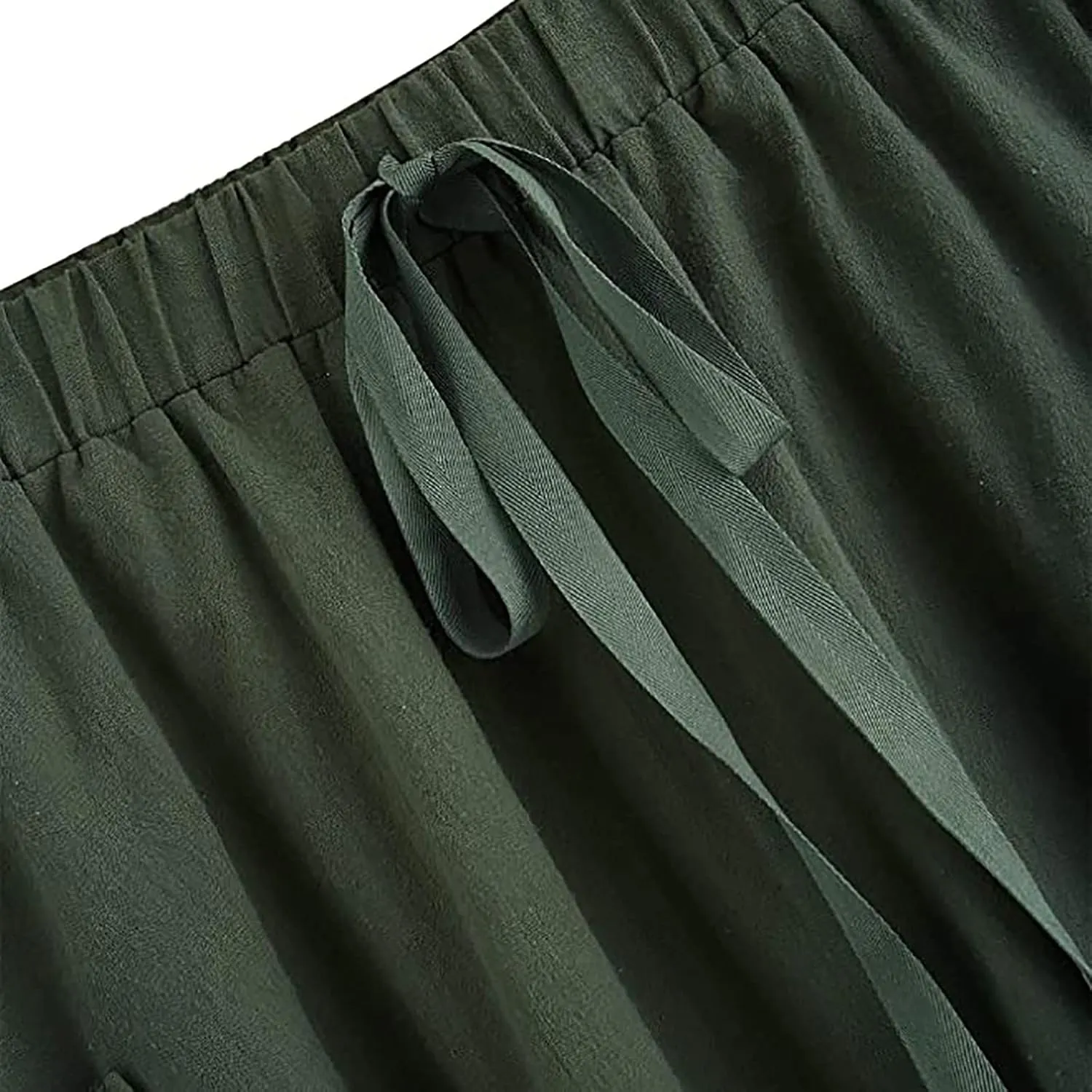 Women's Casual High Waist Pleated A Line Midi Skirt with Pocket Drawstring Elastic Waist Cotton Linen Skirts