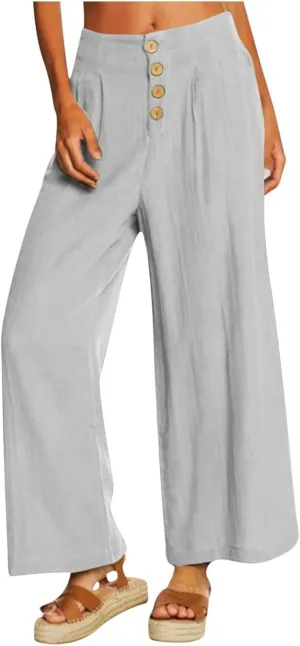 Women's Casual Wide Leg Pants Summer Palazzo Linen High Waist Business Work Trousers Long Lounge Pants