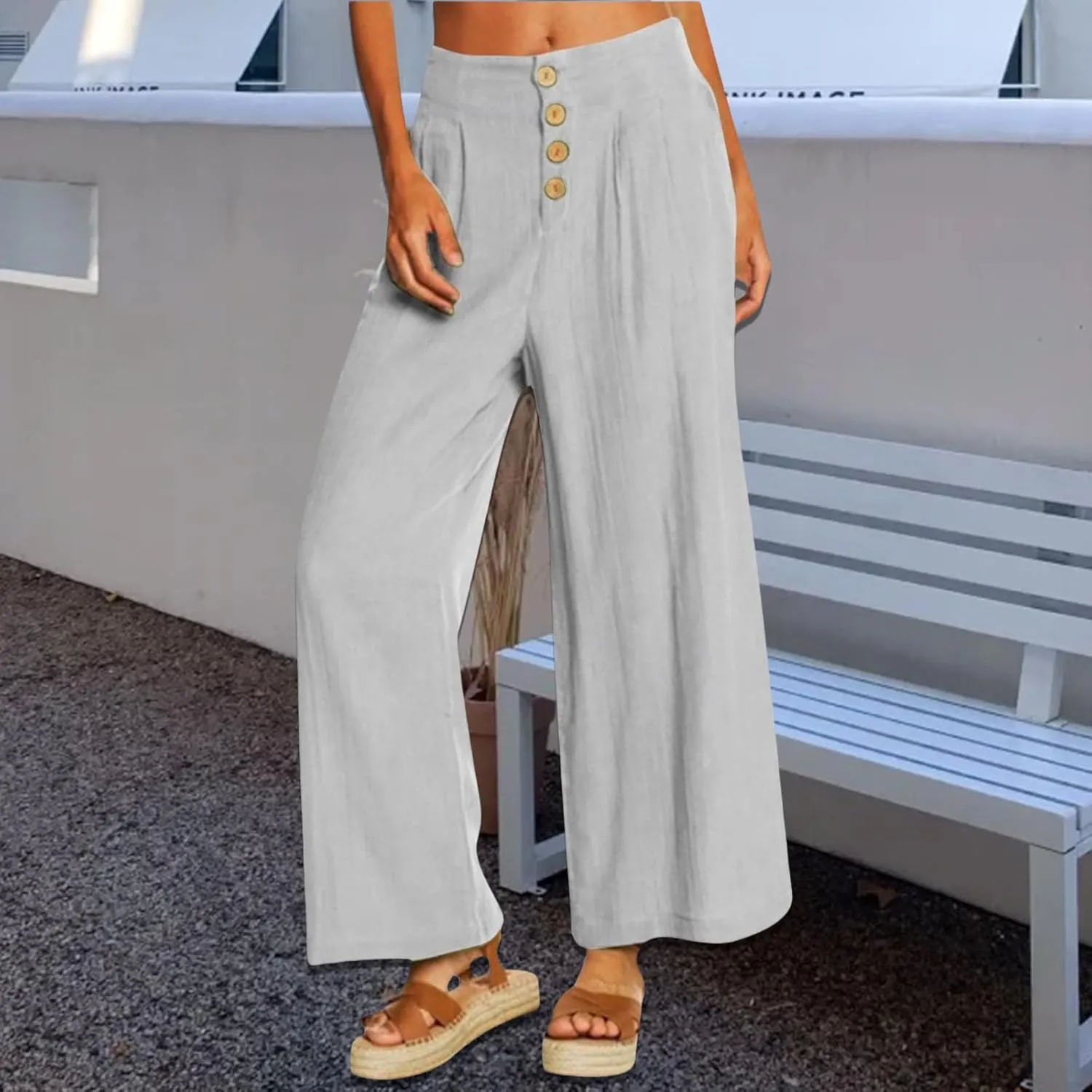 Women's Casual Wide Leg Pants Summer Palazzo Linen High Waist Business Work Trousers Long Lounge Pants