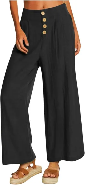 Women's Casual Wide Leg Pants Summer Palazzo Linen High Waist Business Work Trousers Long Lounge Pants